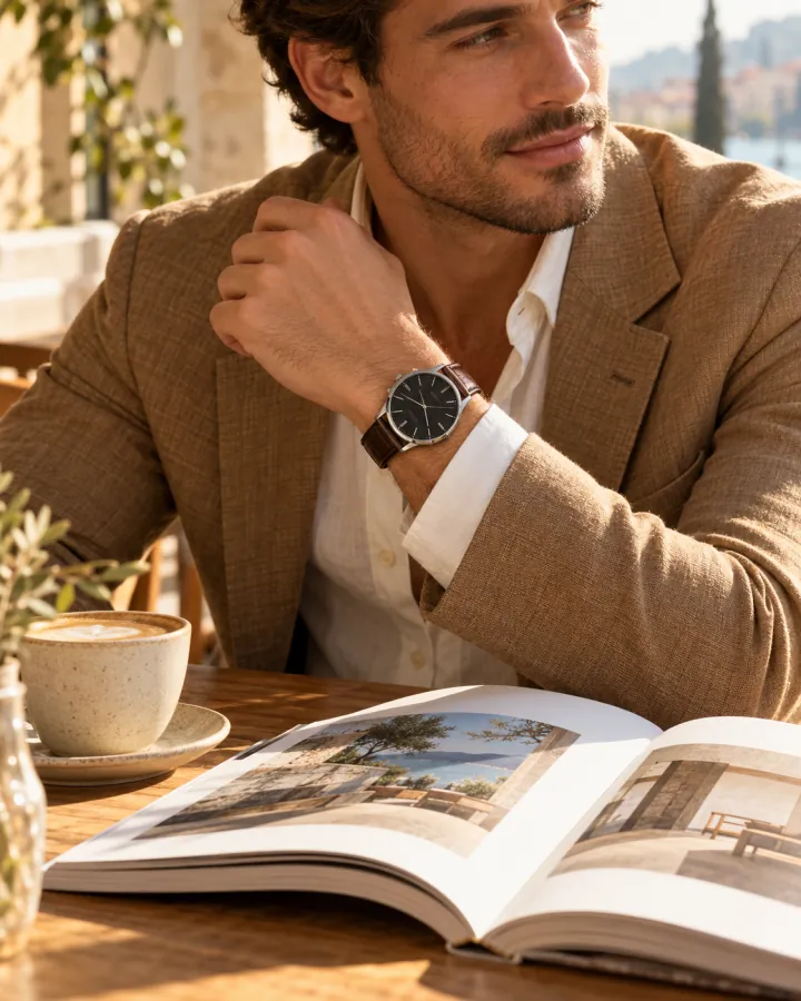A man wearing a dark-dial leather watch at a sunlit cafe.