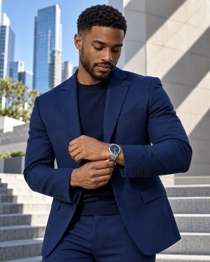 A man in cobalt tailoring adjusting a steel wristwatch in the city.
