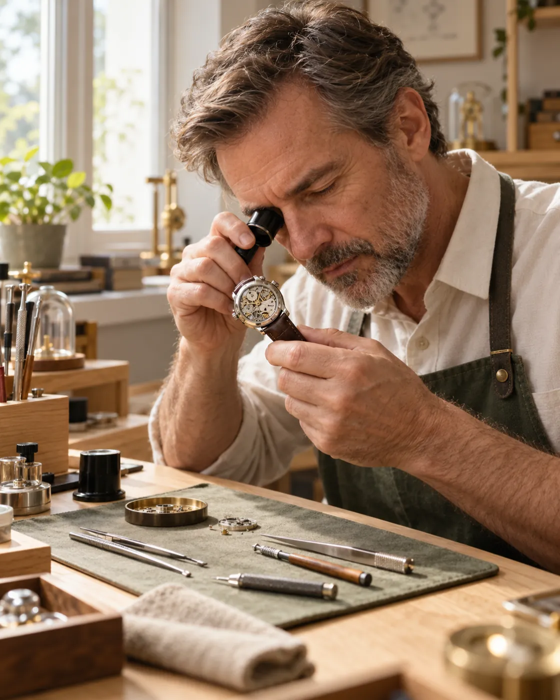 An experienced watchmaker inspecting a mechanical wristwatch at his bench.