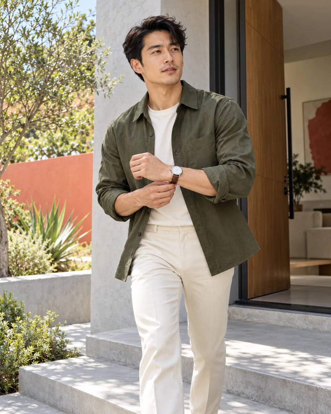 A man in olive and cream fastening his watch as he leaves home.