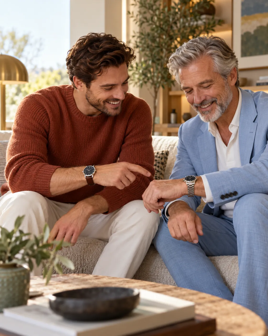 Two men sharing a relaxed moment while comparing their watches.