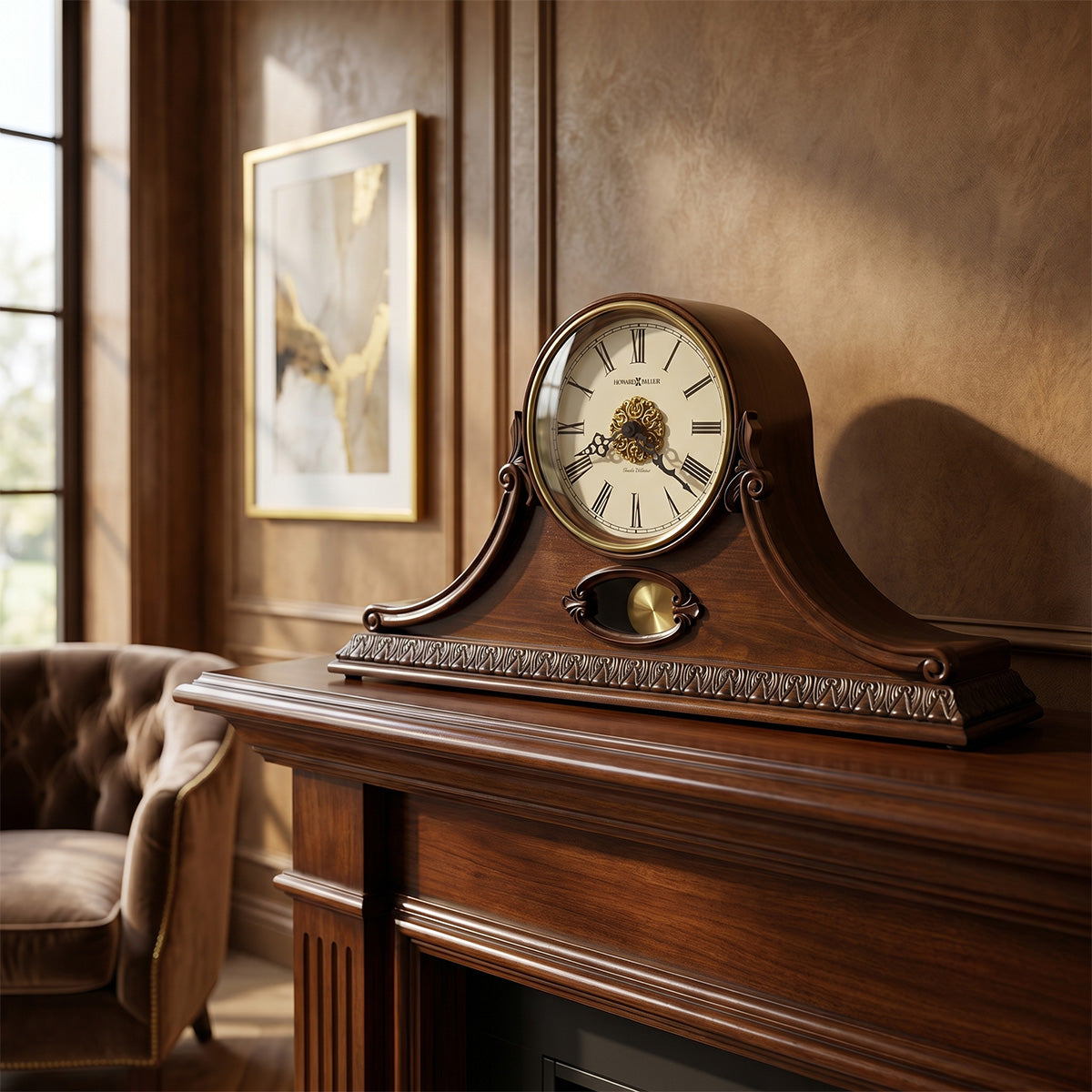 Cherry Wood Mantel Clock with Leaf Detail